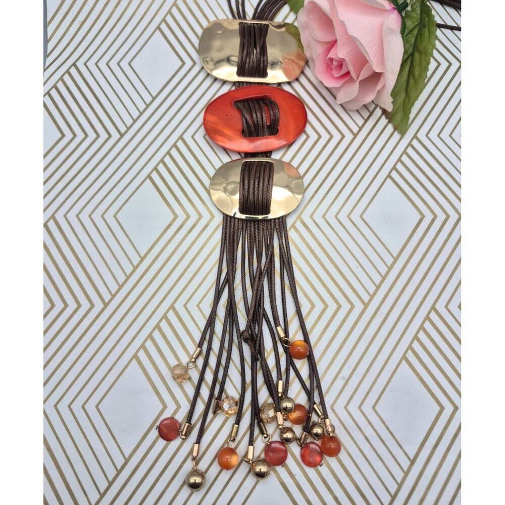 Jules Brown Cord Statement Necklace Gold Tone & Orange with Dangle Beads